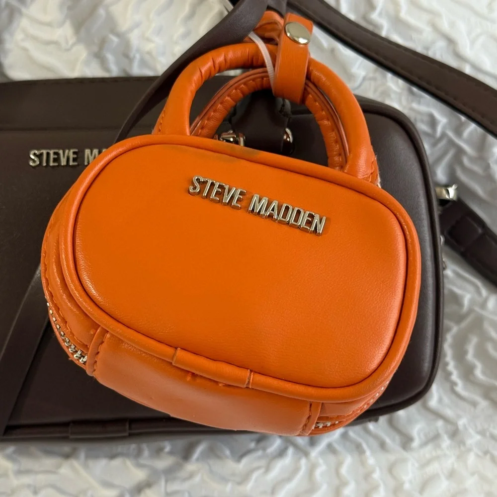 Steve Madden Chocolate Brown Crossbody Bag with Orange Micro-Bag Charm